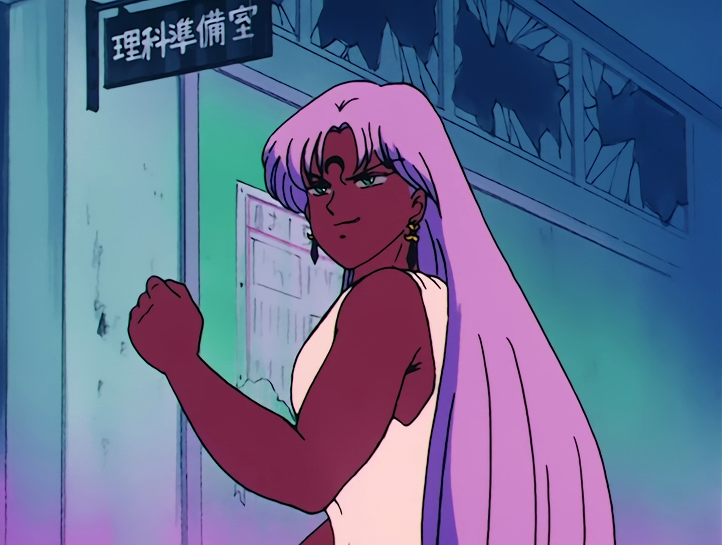 Achiral, a Droid from Sailor Moon episode 81. He looks a lot like Chiral, but he has brown skin, long pink hair, and his undershirt is white.